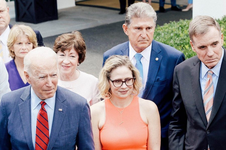 President Joe Biden stands with a bipartisan groups of Senators, including Senator Sinema (bottom center) and Joe Manchin (top center)
(Win McNamee/Getty Images)