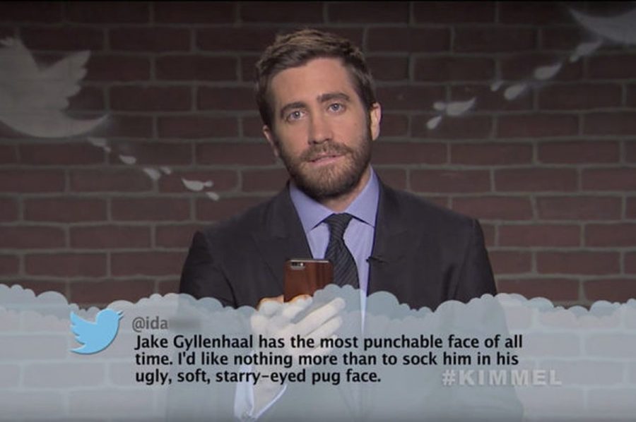 Gyllenhaal reads a hate tweet on the popular Jimmy Kimmel segment Reading Mean Tweets (Photo via NBC)