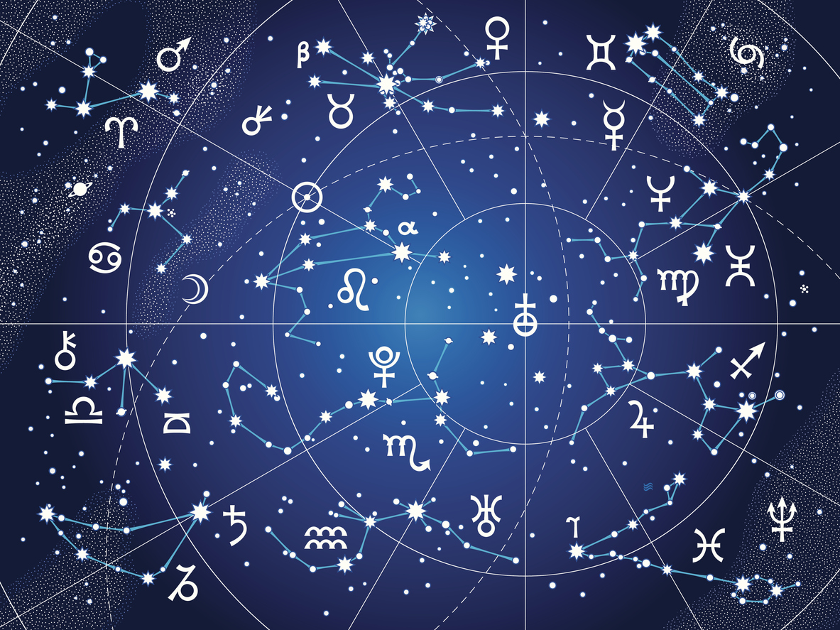 XII Constellations of Zodiac and Its Planets the Sovereigns. Astrological Celestial Chart. (Ultraviolet Blueprint version).