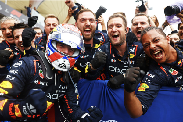 Max Verstappen and the Red Bull Racing team after winning the 2024 Brazilian Grand Prix in Sao Paulo, Brazil.